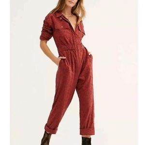 Free People Set The Tone Eyelet Jumpsuit in Rust Combo